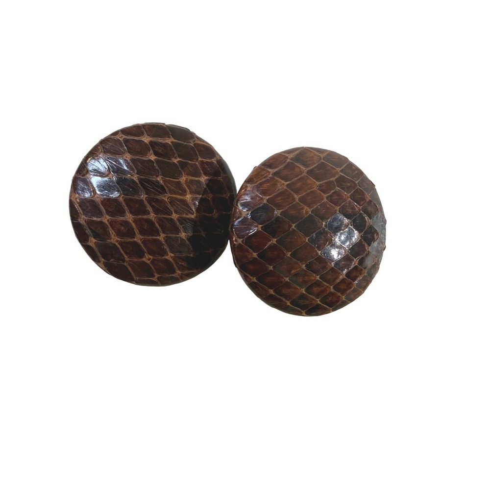 Vintage Attitude Paris Snakeskin Clip On Earrings Brown Round Button Signed